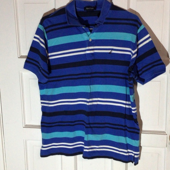 Nautica Blue and White Striped Polo Shirt - Picture 1 of 9